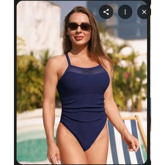 Ai'mage sz L Blue one pc Swimsuit Shoulders‎ Retro tummy control NWOT - Picture 1 of 6